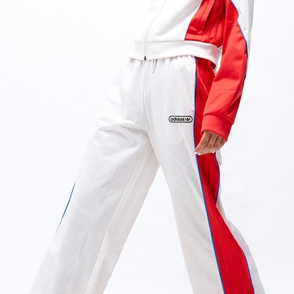 adidas Pants - Adidas Red and White Track Suit with Blue Accents sz L